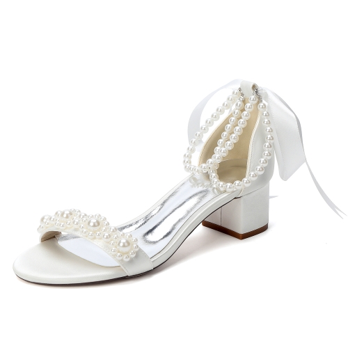 Ivory Bow Pearl Ankle Strap Sandals Satin Block Heel Wedding Sandals