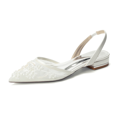 Ivory Lace Floral Embroidered Slingback Flats Pointed Toe Wedding Flats