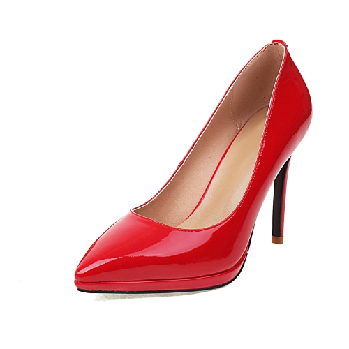 Scarpe col tacco a spillo con plateau in vera pelle rossa, da ufficio, con punta affilata