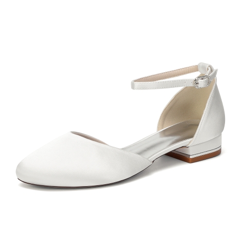 Ivory Satin Almond Toe D'Orsay Flats Wedding Flats with Ankle Strap