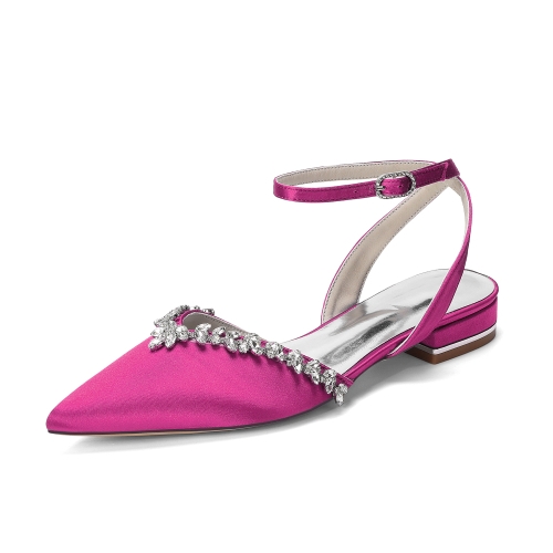 Magenta Satin Crystal Pointed Toe Flats Ankle Strap Bridal Flats