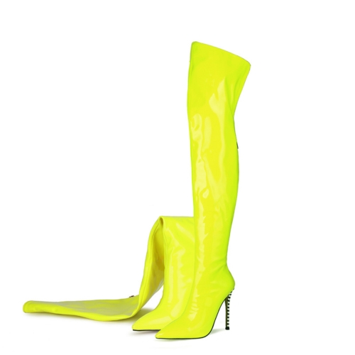 Stivali con tacco alto verde lime neon, stivali alti fino alla coscia con cerniera posteriore