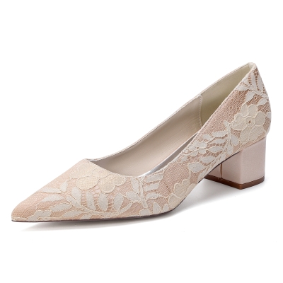 Champagne Lace Pointed Toe Chunky Heel Pumps Slip On Wedding Heels