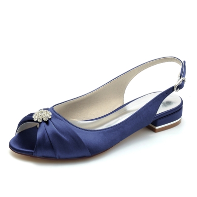 Scarpe da sposa piatte con cinturino posteriore in raso con strass e punta aperta blu navy
