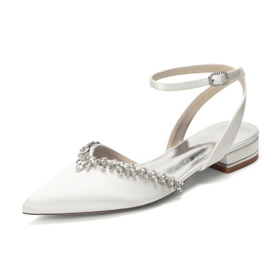 Ivory Satin Crystal Pointed Toe Flats Ankle Strap Bridal Flats