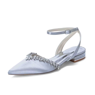 Silver Satin Crystal Pointed Toe Flats Ankle Strap Bridal Flats