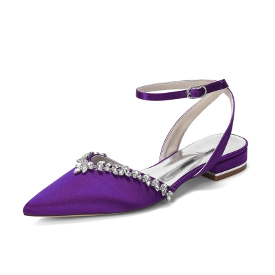 Purple Satin Crystal Pointed Toe Flats Ankle Strap Bridal Flats