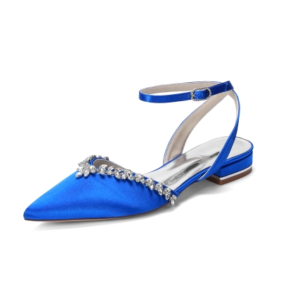 Royal Blue Satin Crystal Pointed Toe Flats Ankle Strap Bridal Flats