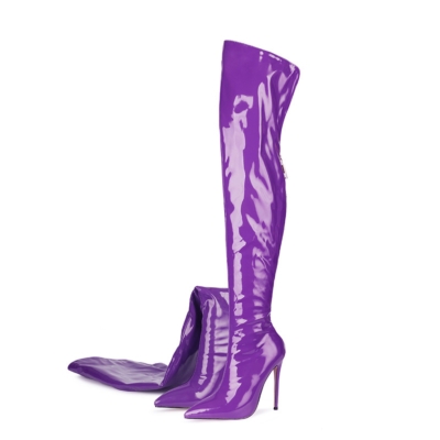 Stivali con tacco alto viola neon, stivali alti fino alla coscia con cerniera posteriore