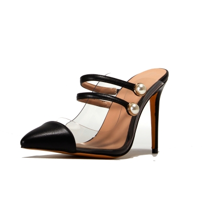 Women's Black Clear Pointed Toe Dressy Mules Sandals with Pearl