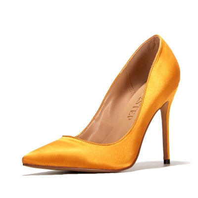 Scarpe da sposa in raso giallo con tacco a spillo da 4 pollici, senza lacci e con tacco alto