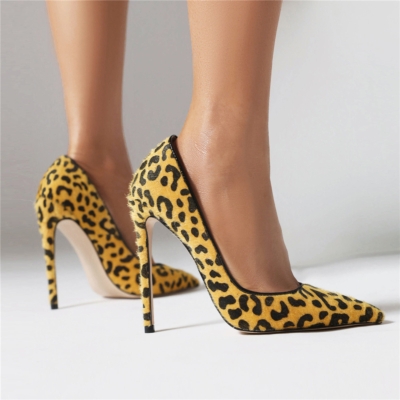 Décolleté con stampa leopardata in crine di cavallo giallo, tacco a spillo da 4 pollici per feste